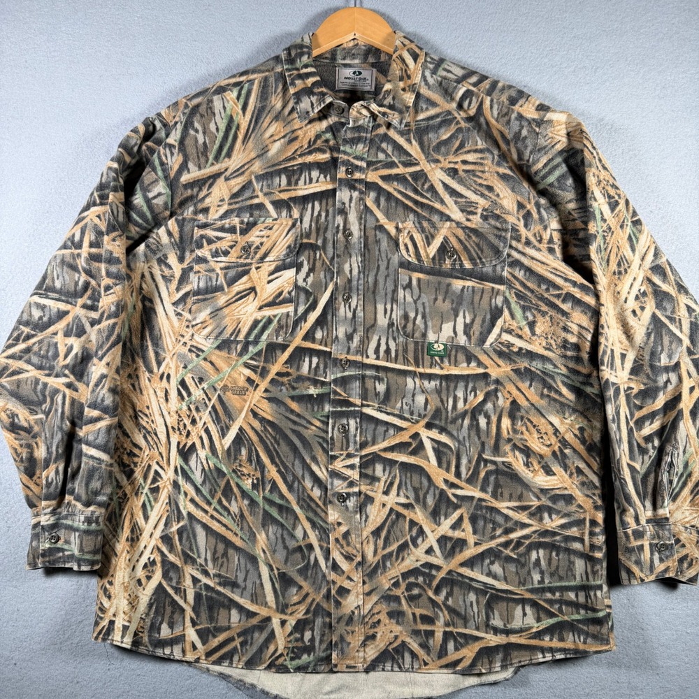 Mossy Oak Shadow Grass Camo Button Down Shirt Mens Long Sleeve Hunting Top L/XL